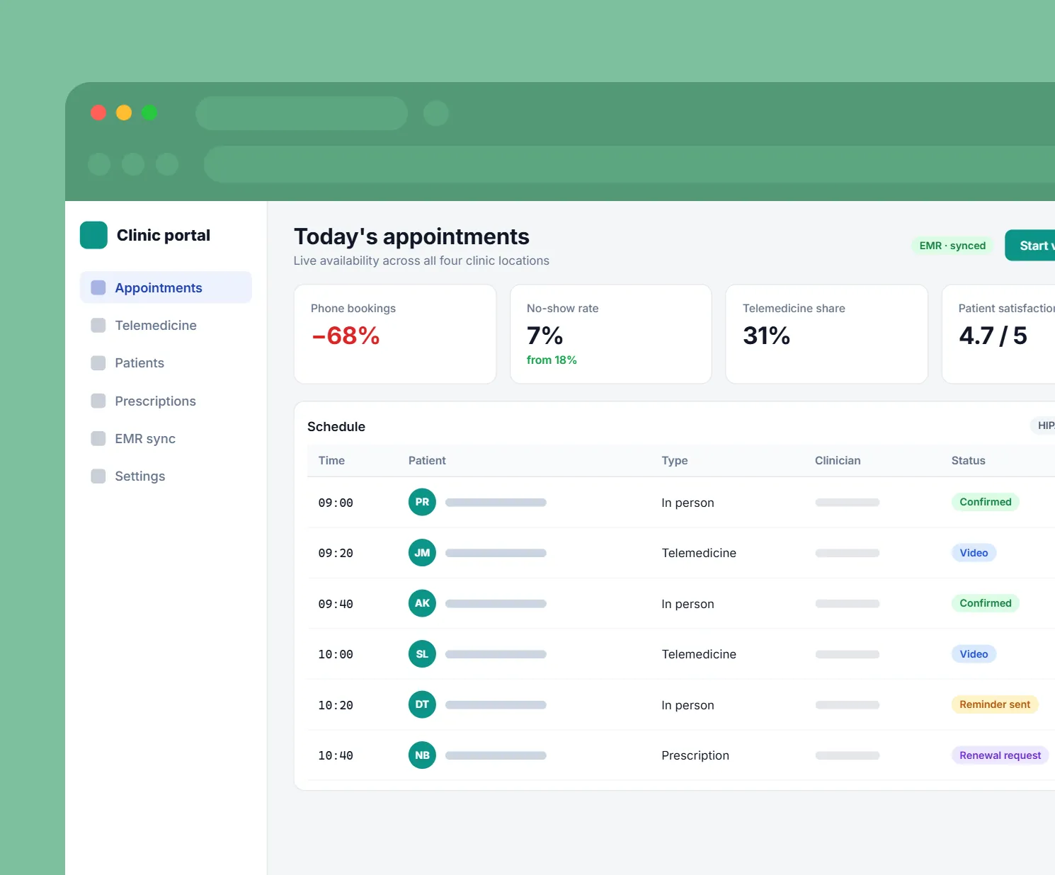 Healthcare Mobile App: Clinic portal with appointments, telemedicine and patient results