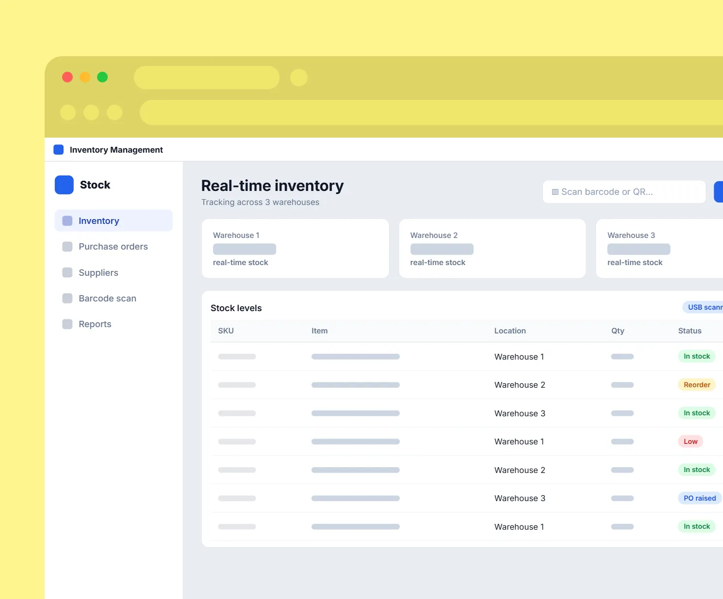Inventory Management Desktop App: Windows inventory app tracking stock across three warehouses