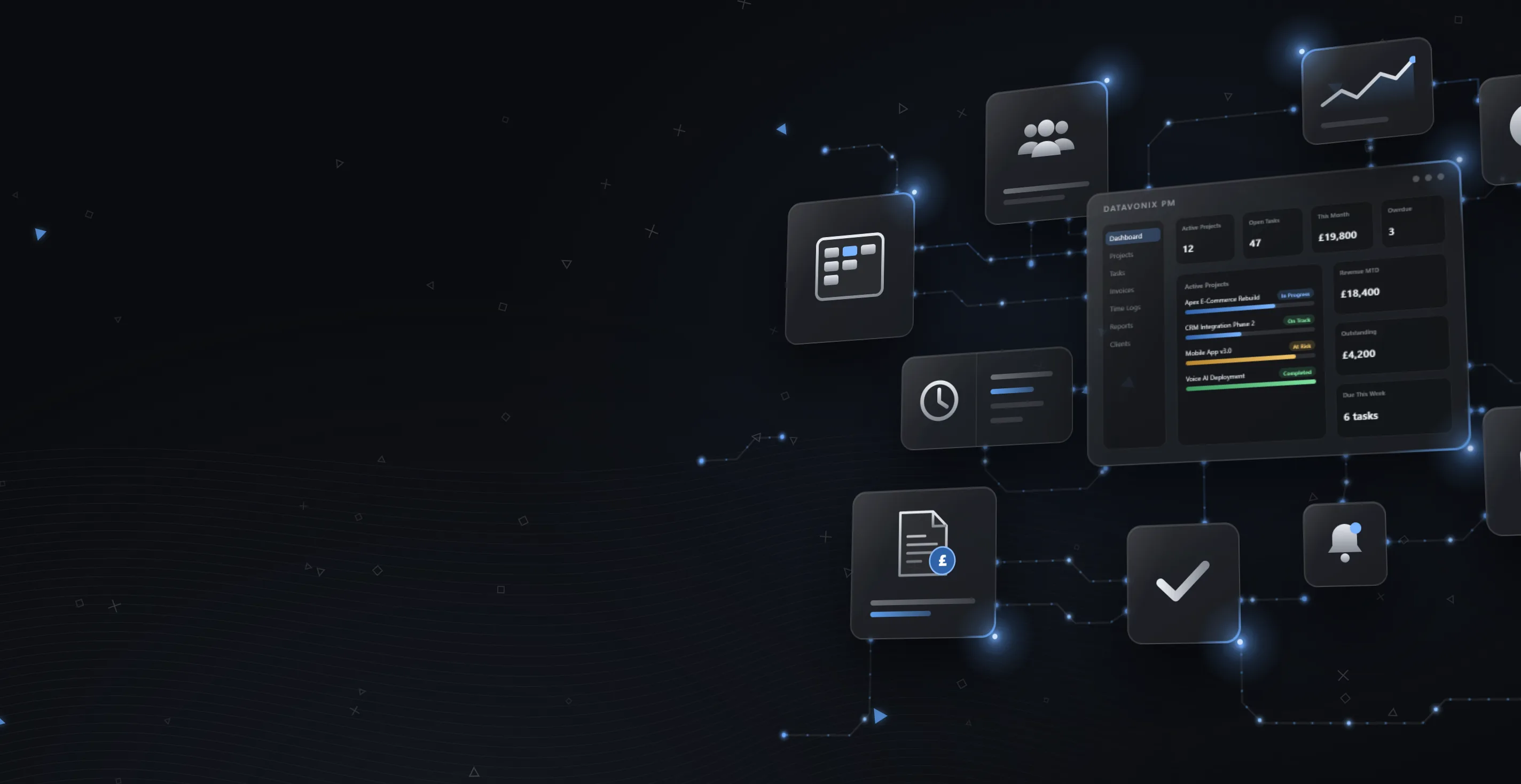 Project dashboard with active projects, task board, time tracking, invoices and client portal